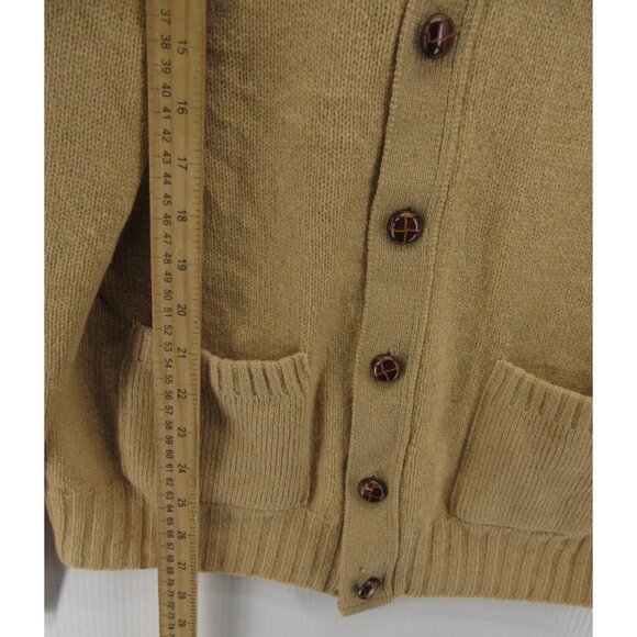 VINTAGE LL Bean Sweater Large 80s Lambswool Camel Leather Cardigan USA - Picture 4 of 14